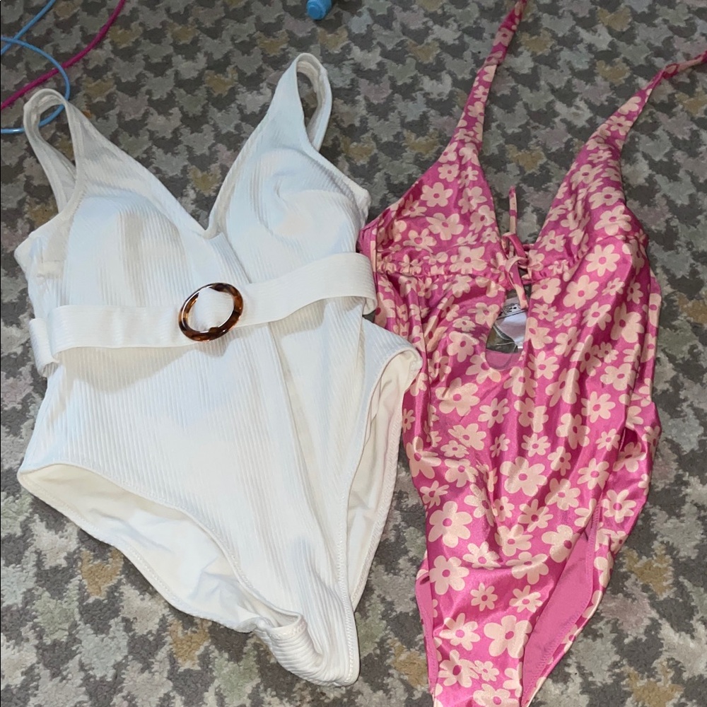 White and Pink Floral  One Piece Swimsuit Set
